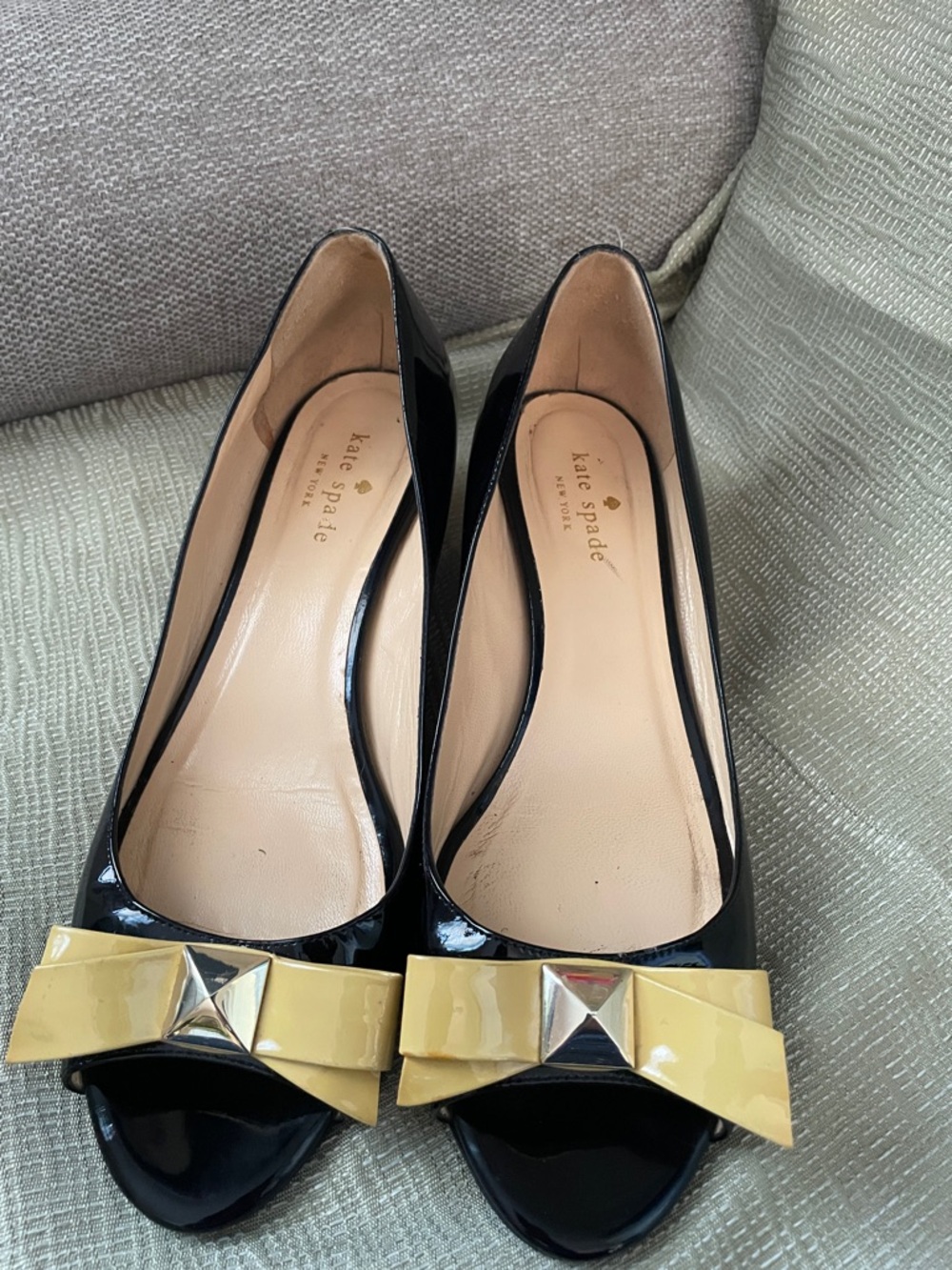 kate spade Black Patent Peep-Toe Flats with Yellow Bow Accent